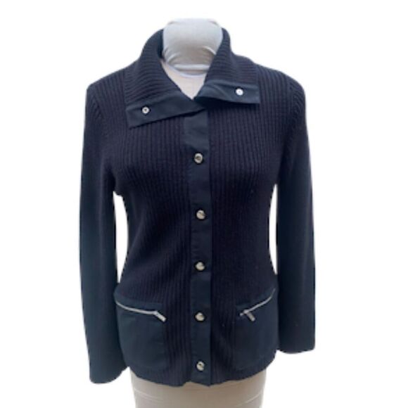 Jones New York Sport Cardigan Black Snap Front Zip Pockets Sz. L - Picture 1 of 10